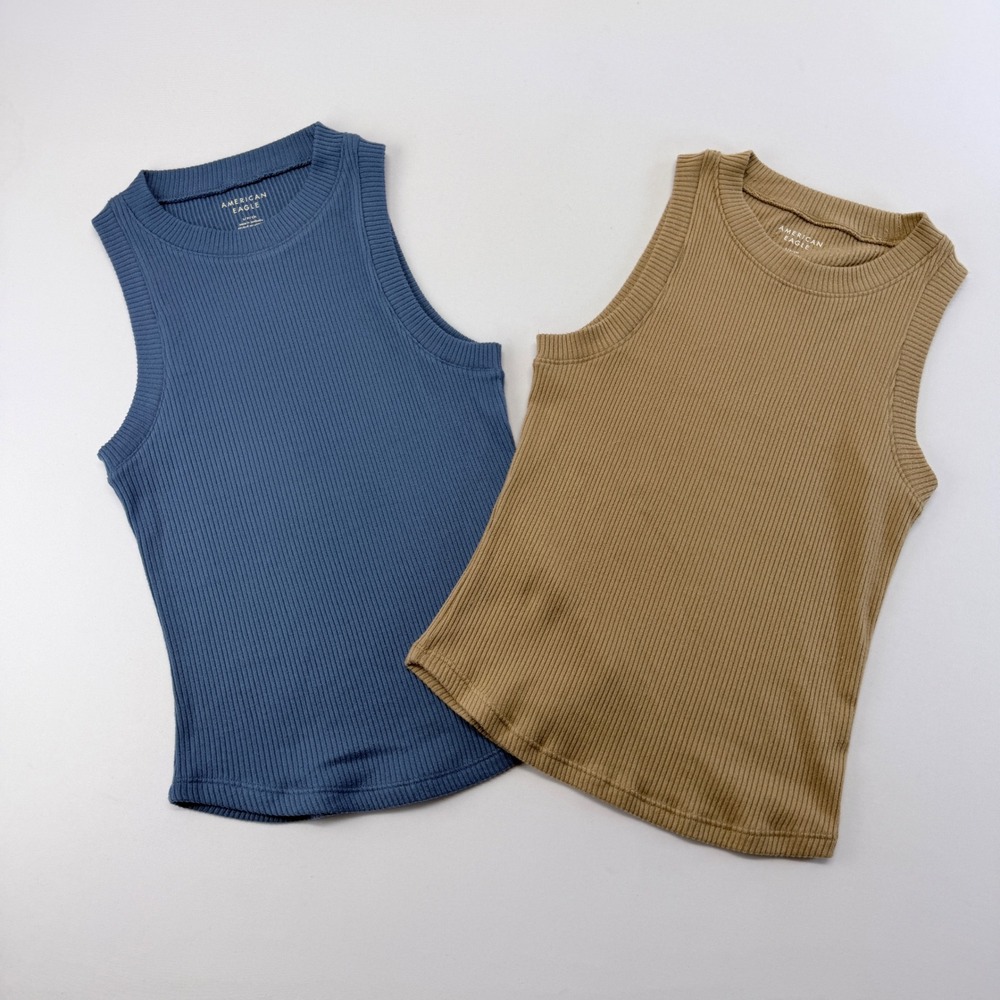 American Eagle Ribbed Tank Top Bundle 2pk Tan Blue Small Sleeveless Crew Neck